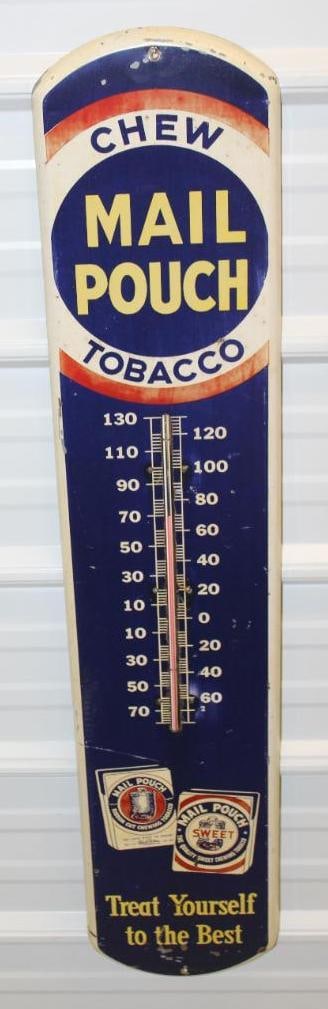 Mail Pouch Tobacco Porcelain Advertising Thermometer: 39" x 8", it is working, in good condition with slight fading to the red and light wear throughout