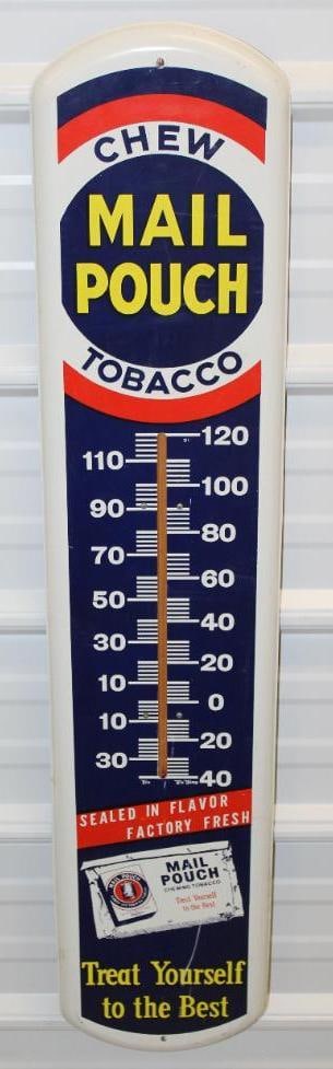 Mail Pouch Tobacco Porcelain Advertising Thermometer: 39" x 8", missing the tube, marked Tru-Temp, has light wear and scratches throughout
