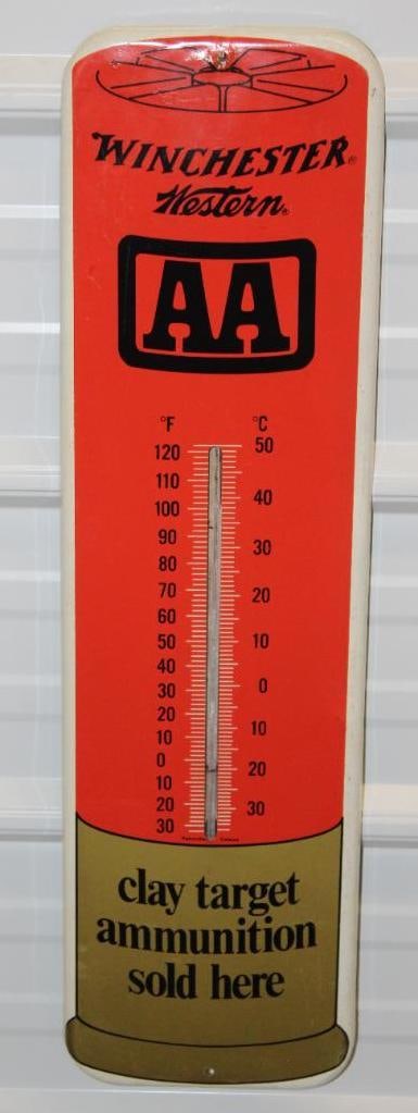 Winchester Western Ammunition Advertising Thermometer: 27" x 7.5", the tube is broken, in good condition with only light wear and scratches