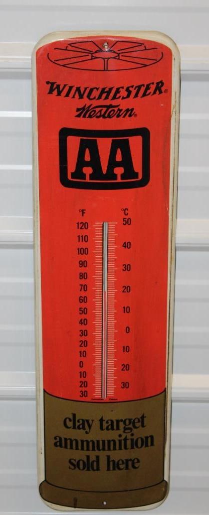 Winchester Western Ammunition Advertising Thermometer: 27" x 7.5", it is working, has some light staining and discoloration along with some edge wear