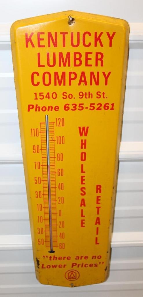 Kentucky Lumber Company Advertising Thermometer: 24" x 8", it is working, some rust staining near the bottom edge, and wear near the mounting holes, overall in good condition