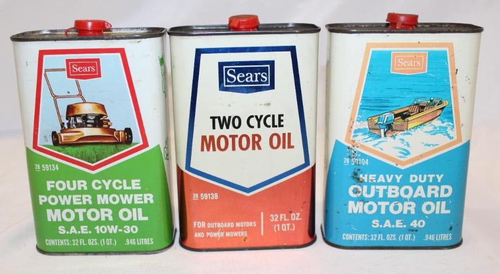 Group of 3 Sears Outboard 2 and 4 Cycle Flat Metal Motor Oil Cans (1 of 4)