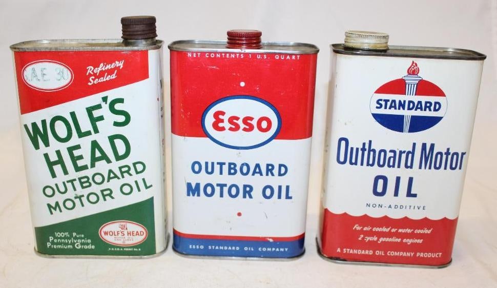 Group of 3 Flat Outboard Motor Oil Cans Wolfshead, Esso, Standard (1 of 5)