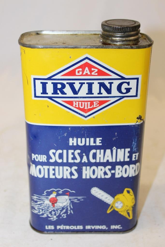 Graphic Irving Chainsaw and Outboard Flat Metal 1 Imperial Quart Oil Can: 7.75" x 4.5" x 2.5", has light wear and scratches throughout, empty with lid