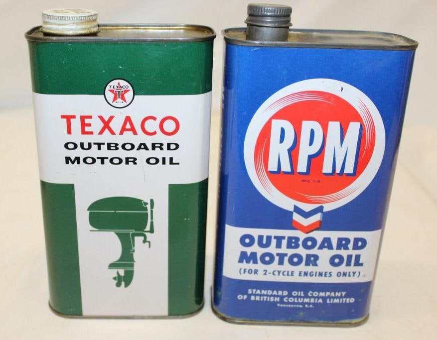 Group of 2 RPM and Texaco Outboard Flat Metal 1 Imperial Quart Oil Cans (1 of 5)