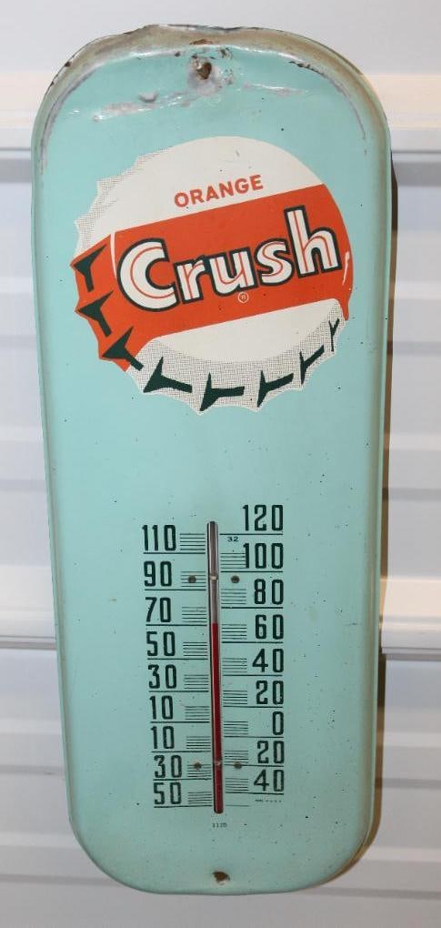 Orange Crush Soda Advertising Thermometer: 16" x 6", it is working, has some slight paint loss and wear along the top edge