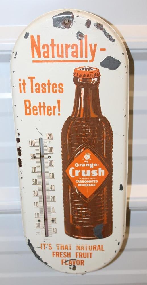 Orange Crush Soda Advertising Thermometer: 15" x 5.5", it is working, has some areas of stable paint loss and light wear throughout