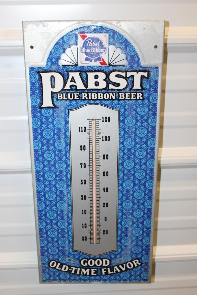 Pabst Blue Ribbon "Old Time Flavor" Advertising Thermometer: 20" x 9", temperature reading high, has some light staining and discoloration