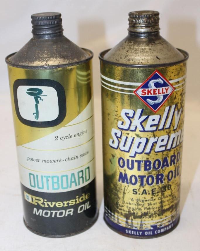 Group of 2 Riverside and Skelly Supreme Round Metal Conetop Outboard Cans (1 of 5)