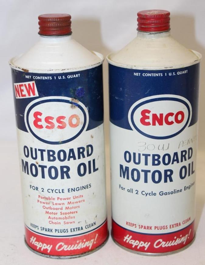 Group of 2 Humble Esso and Enco 2 Cycle Round Metal Conetop Outboard Cans: 8.5" x 3.25", Esso has scratches, rust staining and fading, Enco has some scratches and wear with words scratched into paint below logo