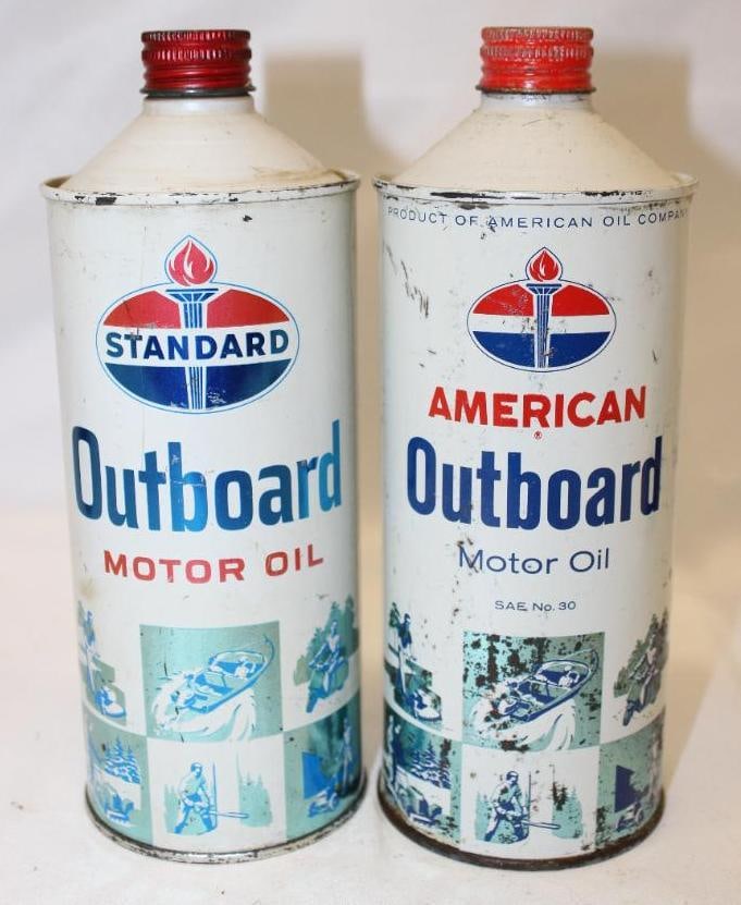 Group of 2 Graphic American and Standard Round Metal Conetop Outboard Cans (1 of 6)