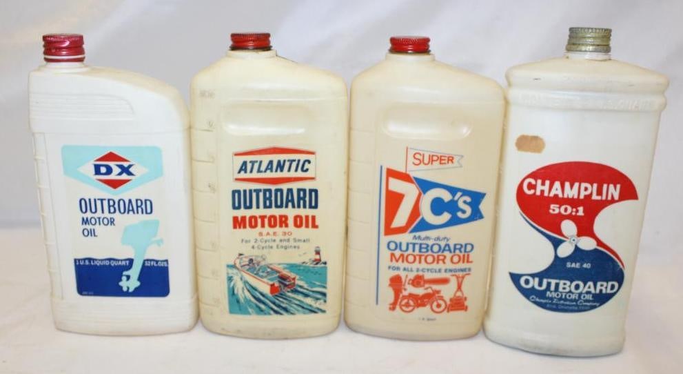 Group of 4 7 C's Champlin Atlantic D-X Plastic Outboard Containers: largest 9.5" x 4" x 2.5", some have scratches, Atlantic has fading on the back, all are empty with lid