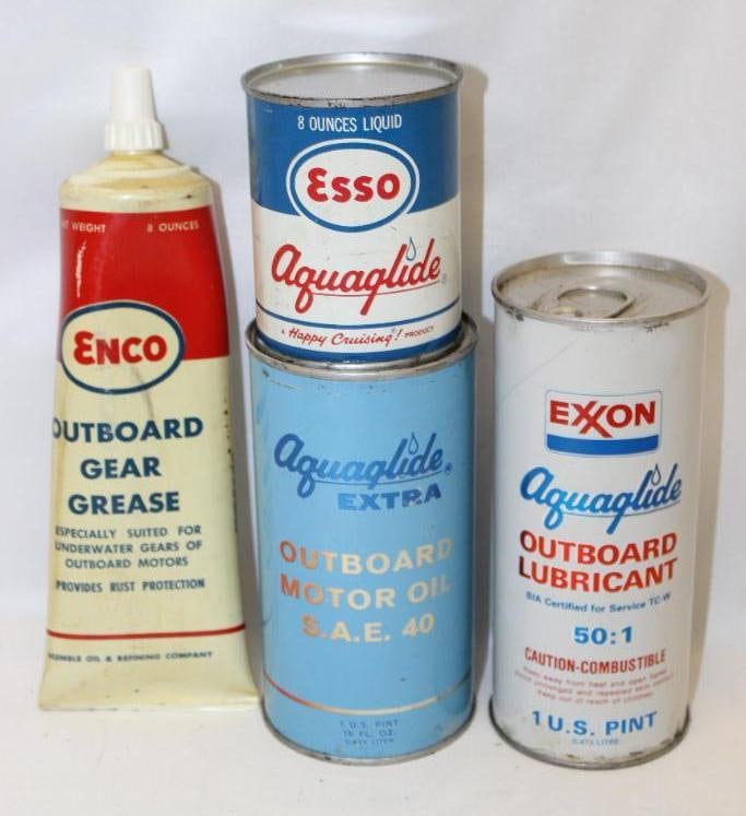 Group of 4 Humble Oil Enco, Esso, Exxon, Aquaglide Extra Outboard Motor Oil Cans (1 of 2)
