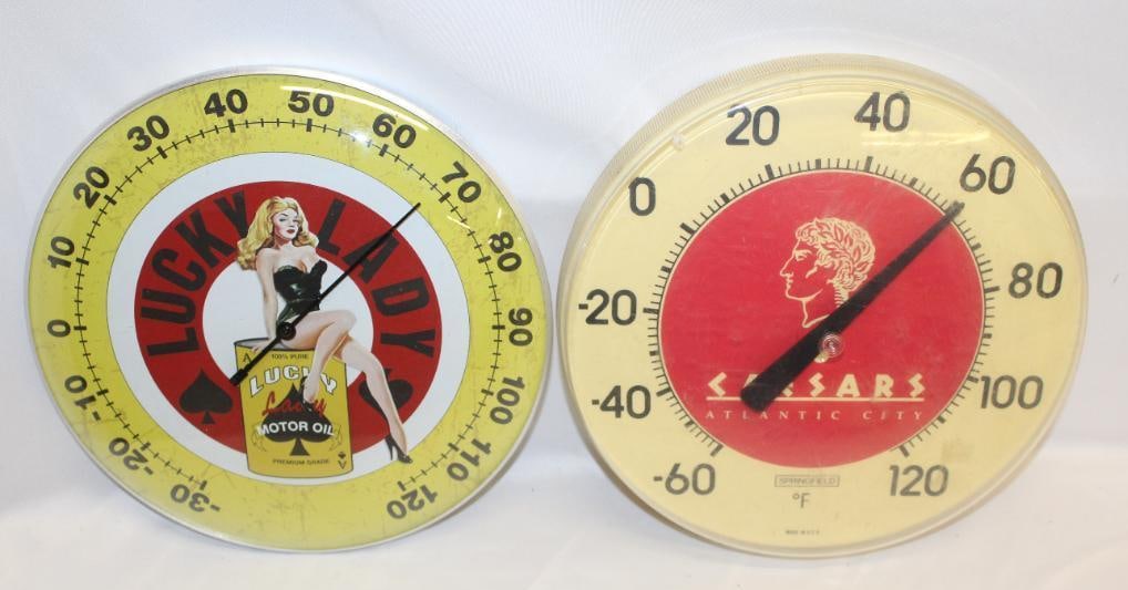 Group of 2 Round Dial Advertising Thermometers; Lucky Lady & Caesar's Casino (1 of 5)