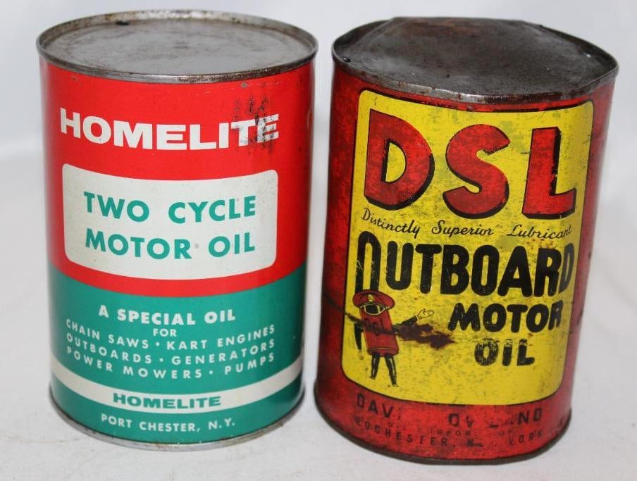 Group of 2 DSL and Homelite Outboard Metal 1 Quart Cans: 5.5" x 4", both drained from 2 holes in the top lid, Homelite has minor denting and wear, DSL has large dents, paint loss and fading