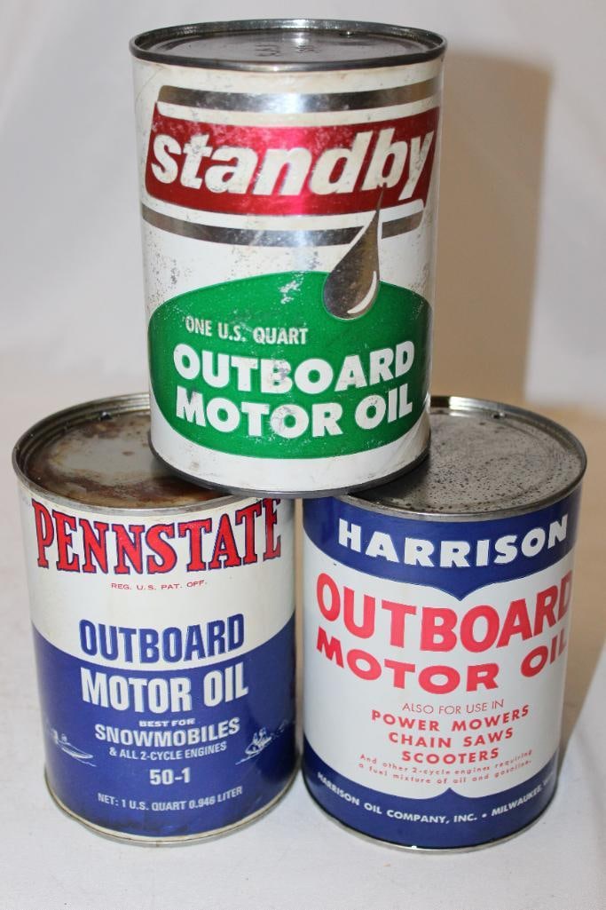 Group of 3 1 Quart Cans Pennstate Snowmobile, Harrison Outboard, Standby Outboard (1 of 3)