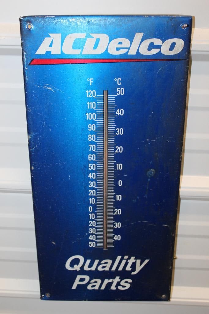 AC Delco Quality Parts Advertising Thermometer: 19" x 9", it is working, marked Stout Marketing, has light wear and scratches throughout