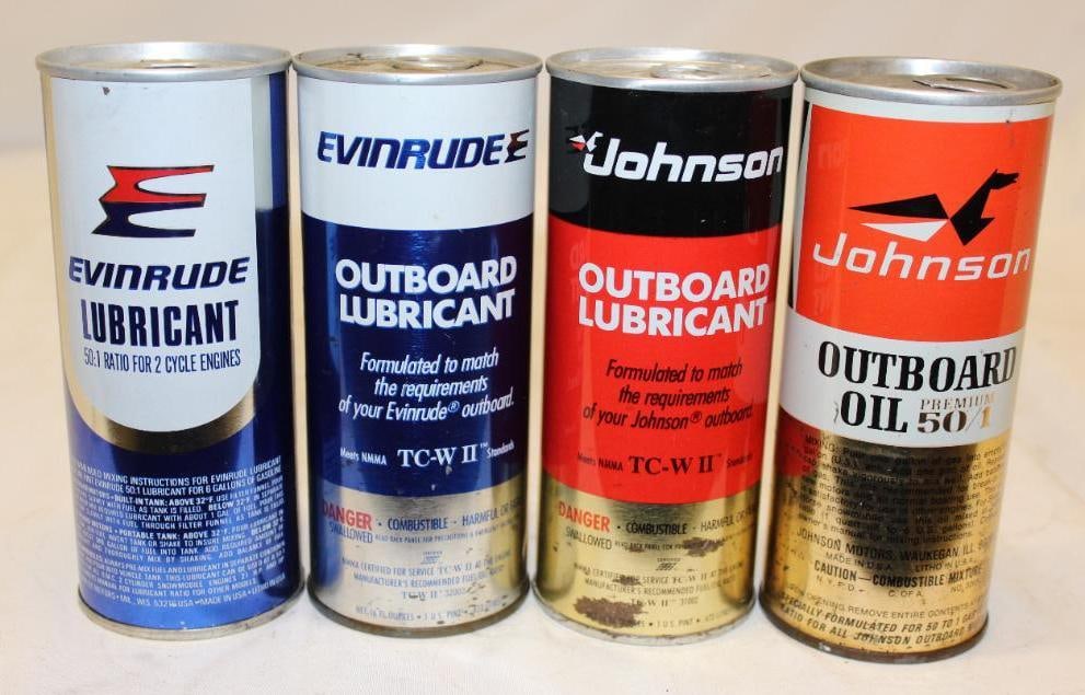 Group of 4 Johnson Evanrude 16oz Outboard Cans: largest 6" x 2.5", all are metal, full, and have light scratching and wear