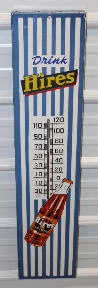 Reproduction Hieres Root Beer Porcelain Advertising Thermometer: 36" x 8", it is working, has some wear along the outer edge
