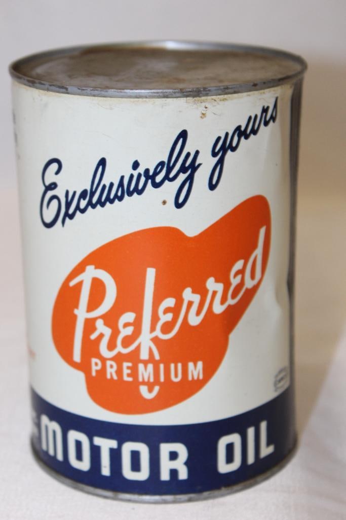 Preferred Premium Metal 1 Quart Motor Oil Can: 5.5" x 4" it is full, in good condition with only a few small dents near the seam and some light wear