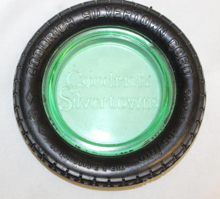 Goodrich Silvertowns Advertising Tire Ashtray w/ Green Glass: 6" diameter, embossed green glass