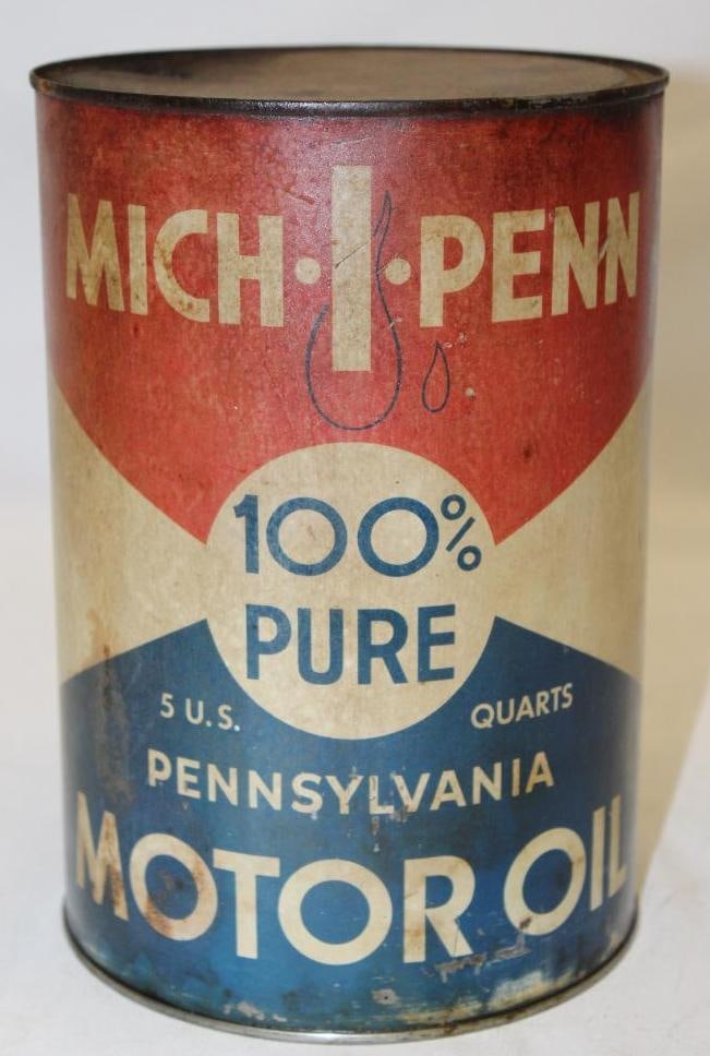 Mich-i-penn Metal 5 Quart Motor Oil Can: drained by two holes in the top lid, some discoloration and staining throughout, 9.5" x 6.5"