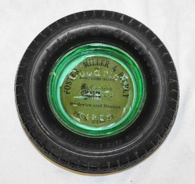 Goodrich Silvertowns Advertising Tire Ashtray w/ Green Glass: 6.5" diameter, embossed green glass