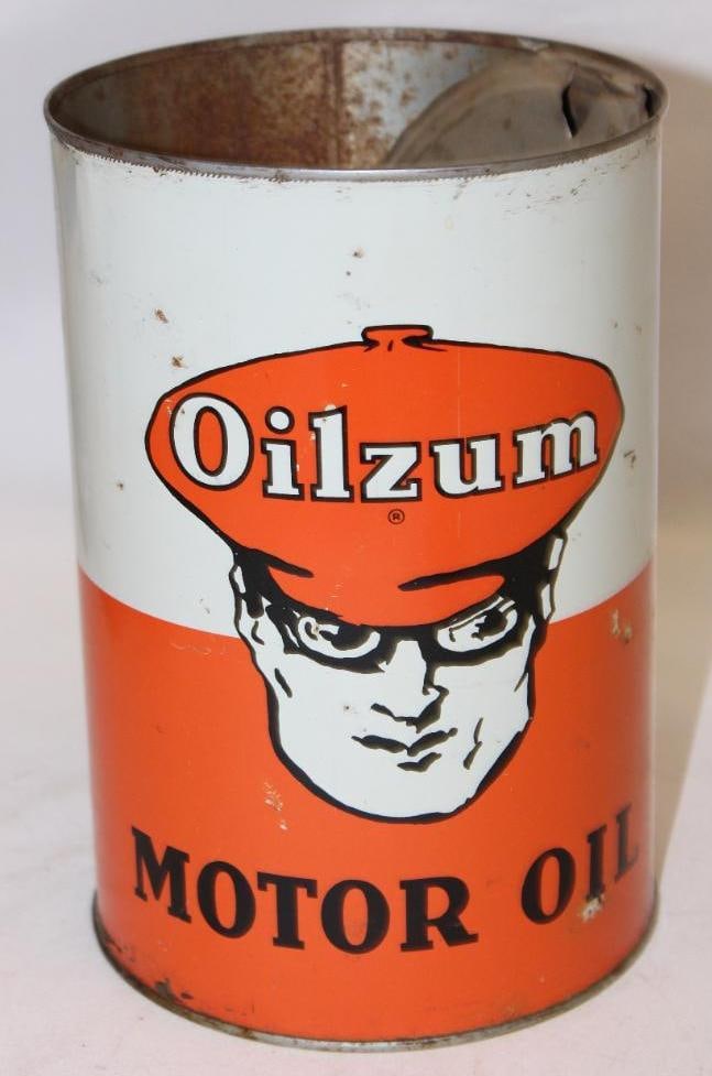 Oilzum Metal 5 Quart Motor Oil Can: missing top lid, in good condition with some slight rust staining and wear, 9.5" x 6.5"