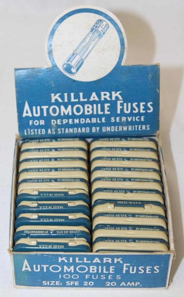 Killark Automobile Fuses Cardboard Countertop Advertising Display: 4" x 4" x 1.5", it is complete with product, there are 20 tins with cardboard display, in good condition with only light staining