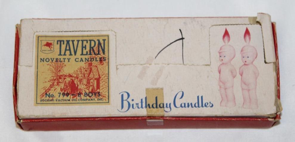 Socony Mobil Tavern Novelty Birthday Candles Cardboard Countertop Advertising Display: 7.5" x 3" x 1", it is complete with product, there are some tears to the cardboard and each candle has been lit