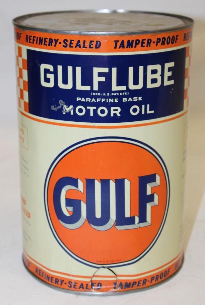 Gulf Gulflube Metal 5 Quart Motor Oil Can: in good condition, drained through a spout at the lower edge of the front, with light scratches throughout, 9.5" x 6.5"