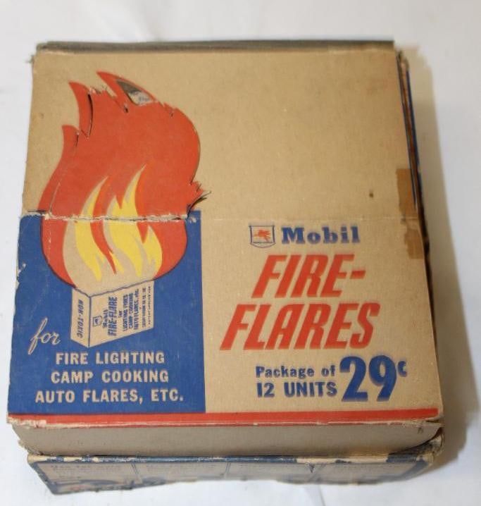 Socony Mobil Fire Flare Cardboard Countertop Advertising Display: 8" x 7.5" x 3.5", complete with product, there are some tears to the box and the flame has been detached
