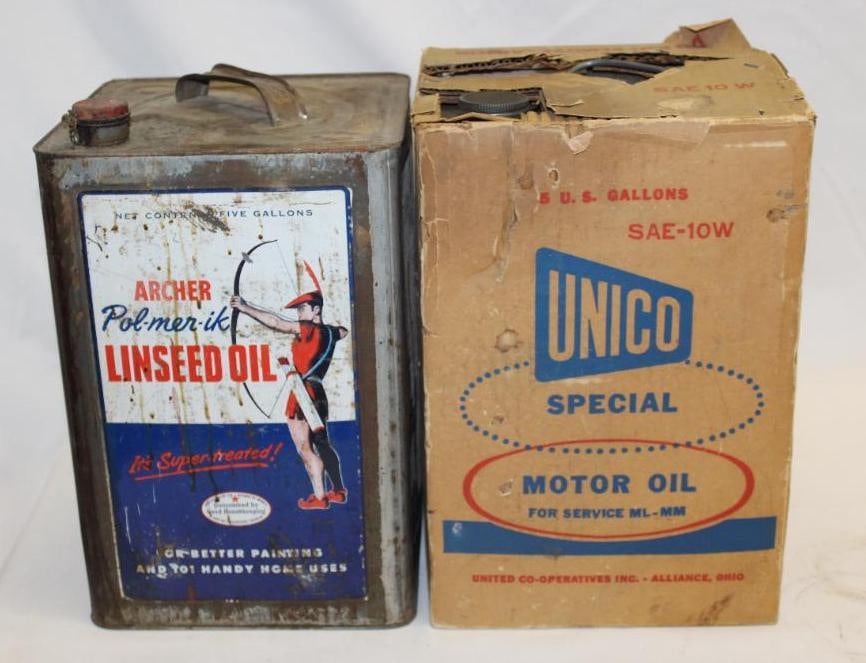 Group of Two Unico and Archer Polmerik 5 Gallon Motor Oil Cans: Unico is in the original box. The Archer has some scratches, wear, and paint spots