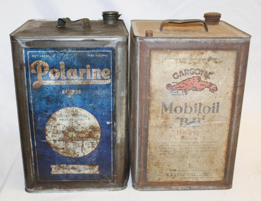 Group of Two Polarine F and Gargoyle BB 5 Gallon Motor Oil Cans: Both have rust staining throughout and heavy wear
