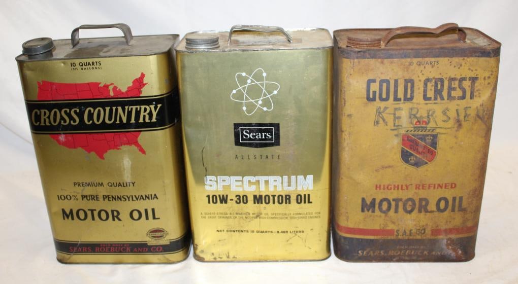 Group of Three: Sears Gold Crest, Cross Country, Spectrum 10 Quart Motor Oil Cans (1 of 4)