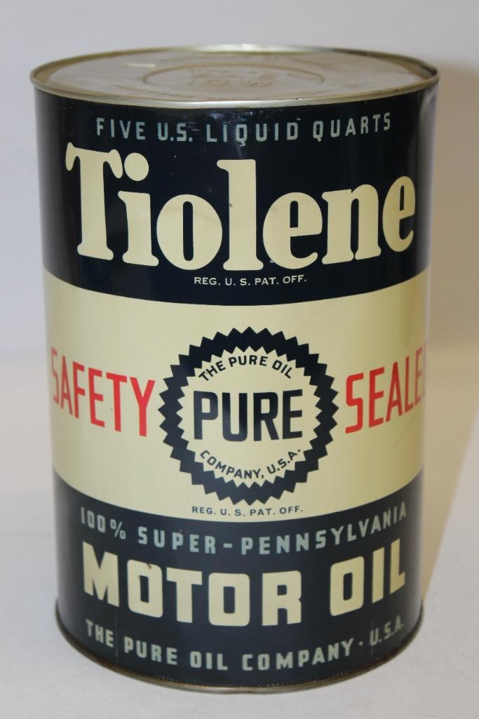 Pure Tiolene Metal 5 Quart Motor Oil Can: missing bottom lid, in good condition with only light wear and a few small dents, 9.5" x 6.5"