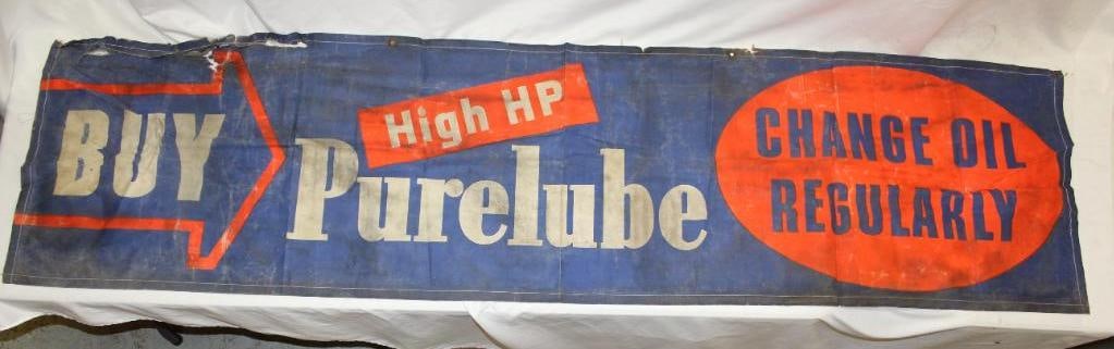 Large Pure Oil Advertising Banner: 2' x 8', has some staining and tears