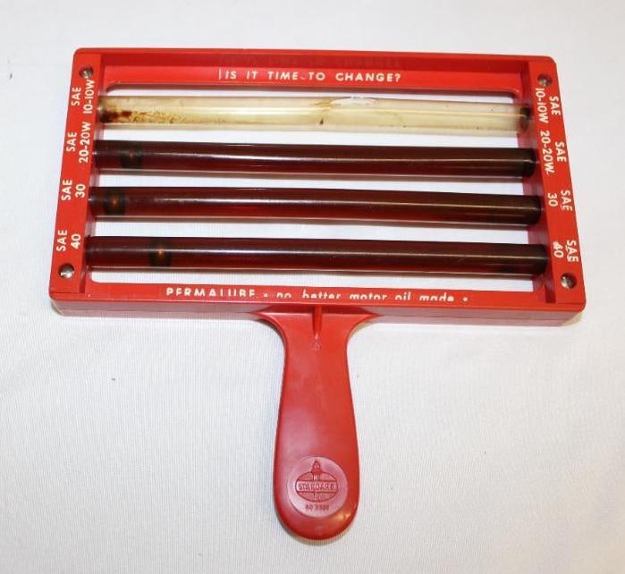 Standard Oil Salesman Sample Viscosity Oil Display: 8.5" x 8" x 1", one tube is broken and empty