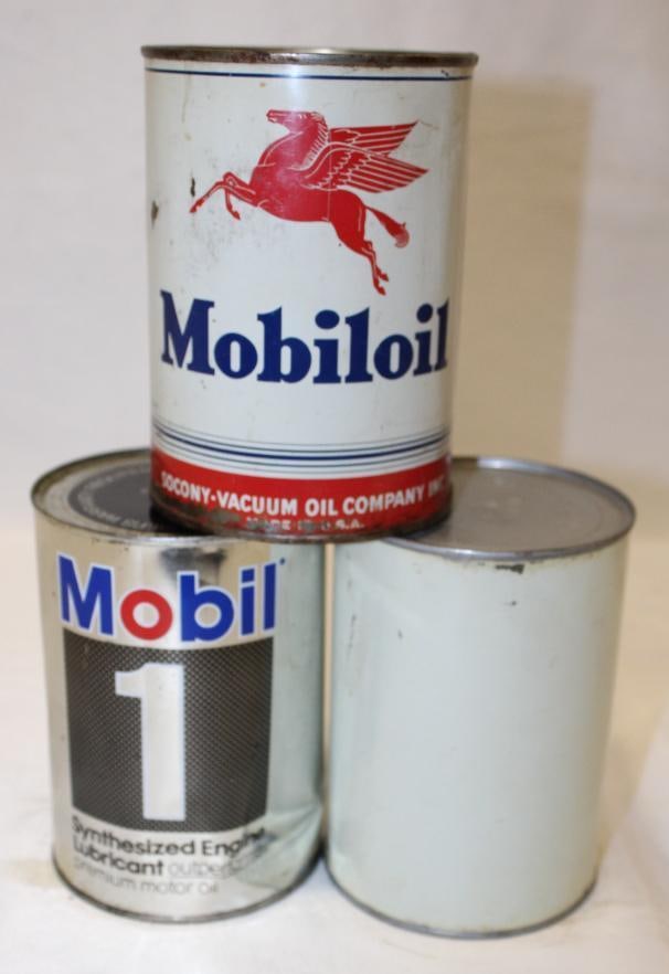 Group of 3 Mobil Metal 1 Quart Motor Oil Cans: all are empty, all with some surface wear and scratches