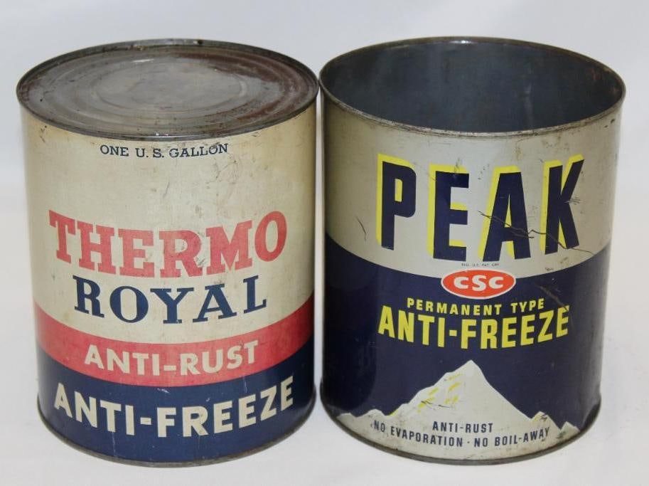 Group of 2 One Gallon Anti-Freeze Cans: Thermo and Peak: Peak is missing the top lid.