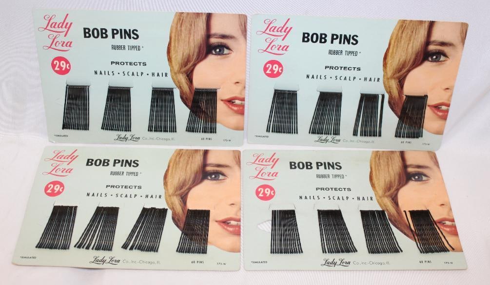 Group of 4 Lady Lora Bob Pins Countertop Advertising Displays: 5.5" x 8", complete with product