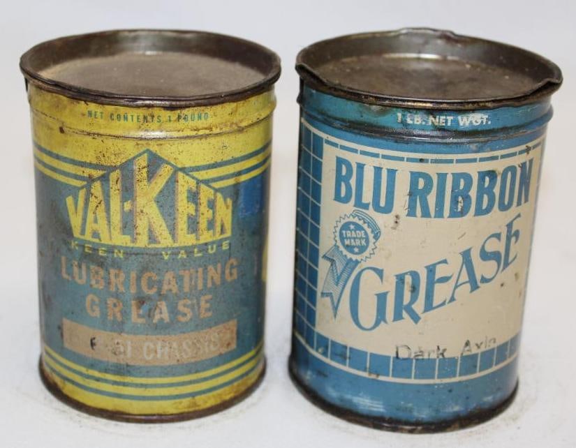Group of Two 1 Lb Grease Cans Val-Keen and Blu Ribbon: Both are empty.