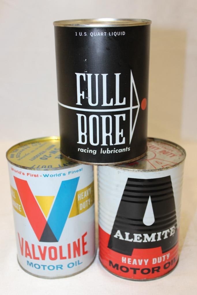 Group of 3 Metal 1 Quart Motor Oil Cans Fullboar, Valvoline, Alemite (1 of 3)
