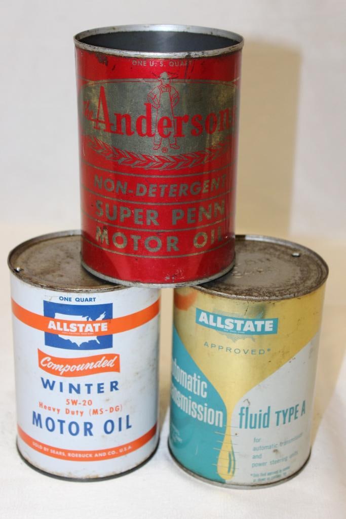 Group of 3 Metal 1 Quart Motor Oil and ATF Cans Allstate, Anderson (1 of 3)