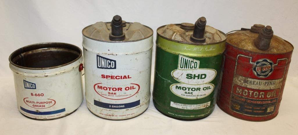 Group of Four Unico and Co-Op 5 Gallon Round Oil & Grease Cans (1 of 3)