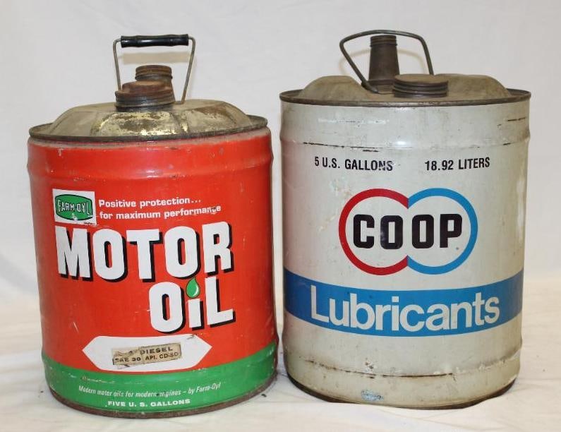 Group of Two Co-Op and Farm-Oyl  5 Gallon Round Oil Cans (1 of 2)