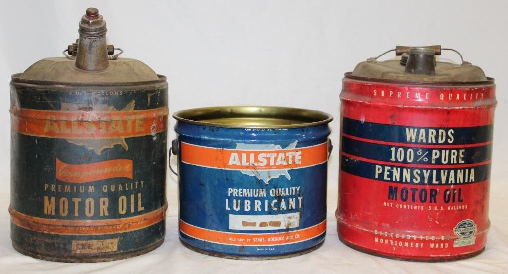 Group of Three Wards and Sears Allstate 5 Gallon Round Oil & Grease Cans (1 of 2)