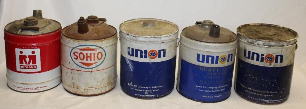 Group of Five Union 76, Sohio, and Midland 5 Gallon Round Oil & Grease Cans (1 of 2)