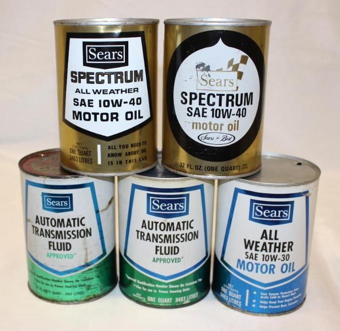 Group of 5 Sears Spectrum Metal 1 Quart Motor Oil and ATF Cans (1 of 2)