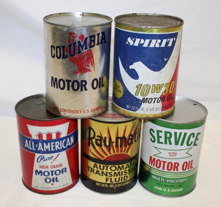 Group of 5 1 Quart Motor Oil Cans Service, Ray, Columbia, Spirit (1 of 2)